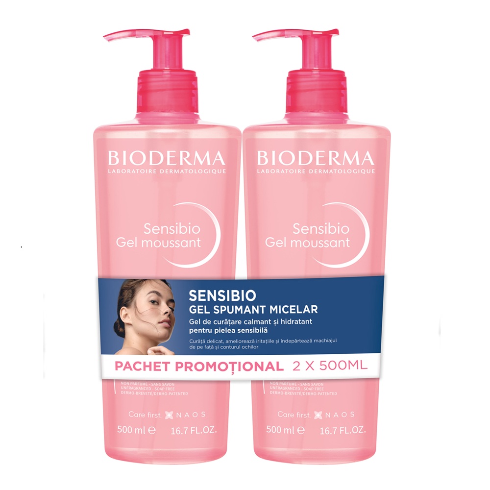 Pachet Gel spumant calmant si hidratant Sensibio 2x500 ml, Bioderma