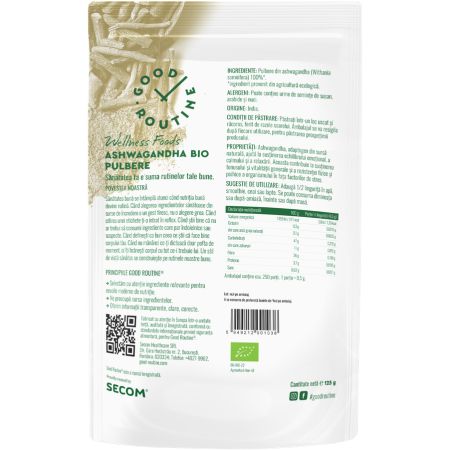 Pulbere de Ashwagandha Bio Good Routine, 125 g, Secom 711960