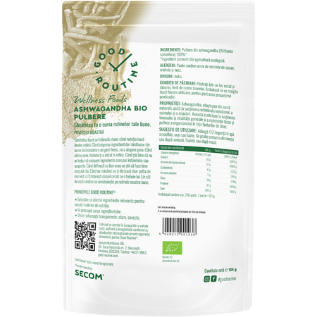 Pulbere de Ashwagandha Bio Good Routine, 125 g, Secom 711960