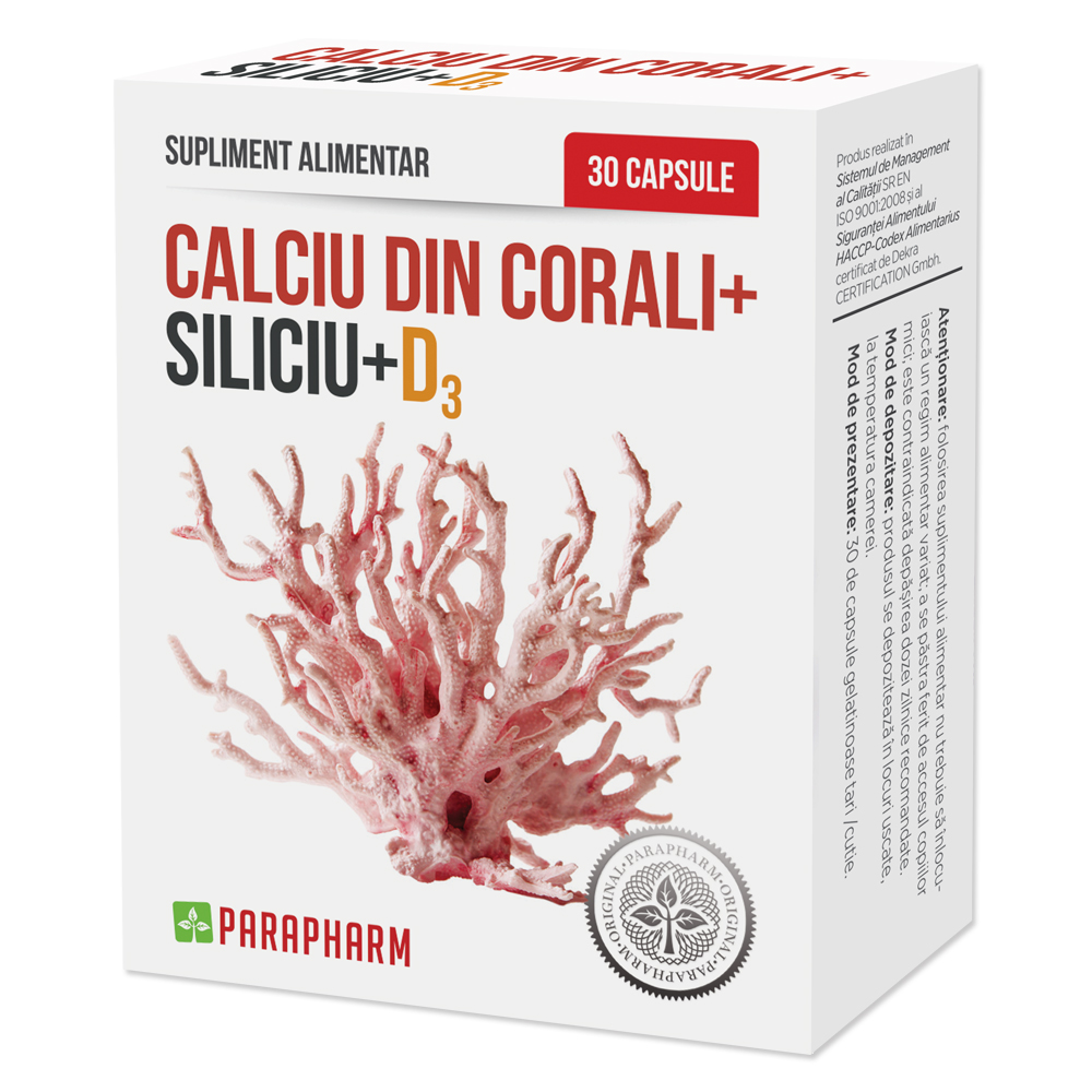 Calciu din Corali + Siliciu + D3, 30 capsule, Parapharm