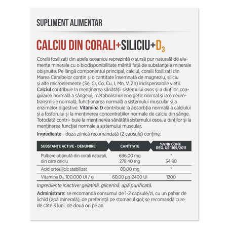 Calciu din Corali + Siliciu + D3, 30 capsule, Parapharm 690066