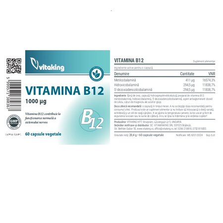 Vitamina B12, 1000 mcg, 60 capsule vegetale, Vitaking 704566