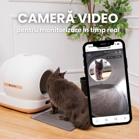 Litiera automata smart cu autocuratare si camera video pentru pisici Ultra View, bej, Shaw 663084