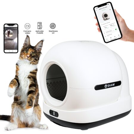 Litiera automata smart cu autocuratare si camera video pentru pisici, Ultra View, negru, 7 litri, Shaw 663093