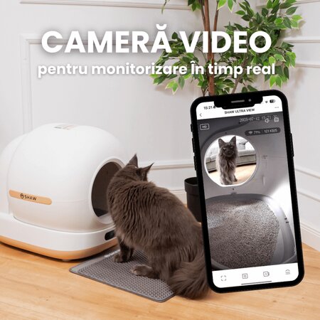 Litiera automata smart cu autocuratare si camera video pentru pisici, Ultra View, negru, 7 litri, Shaw 663094