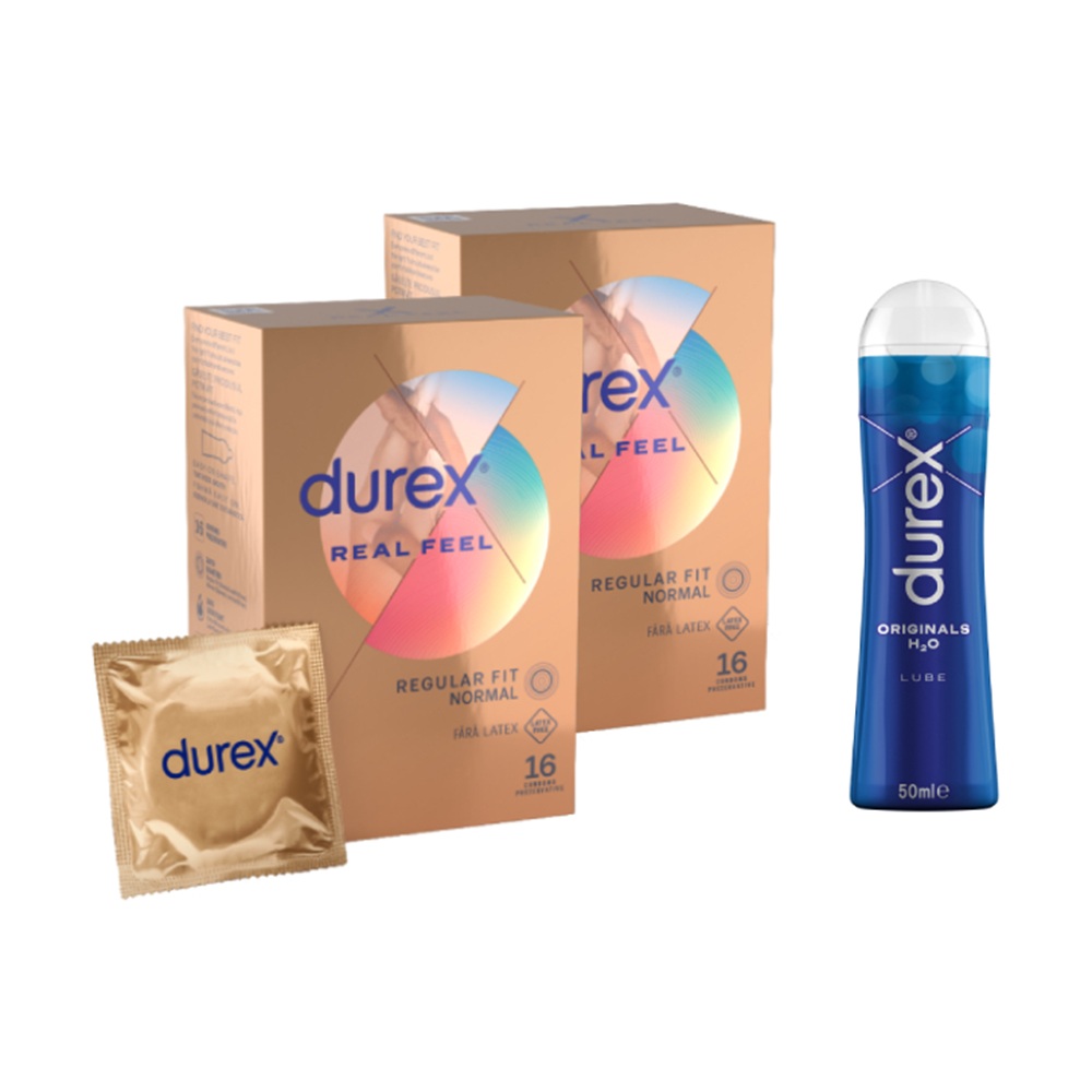 Pachet Prezervative Real Feel 16 bucati + Lubrifiant Originals 50 ml, Durex