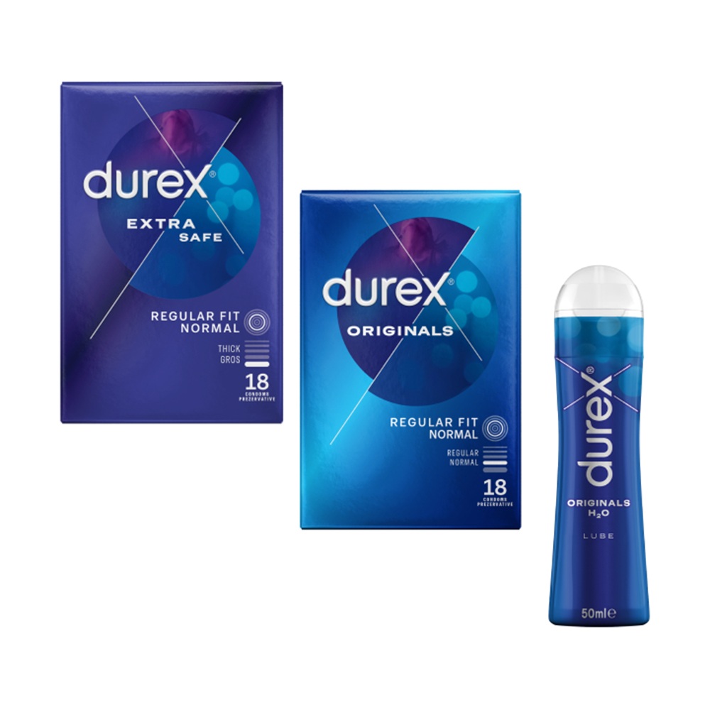 Pachet Prezervative Extra Safe, 18 bucati + Prezervative Originals, 18 bucati + Lubrifiant Originals, 50 ml, Durex