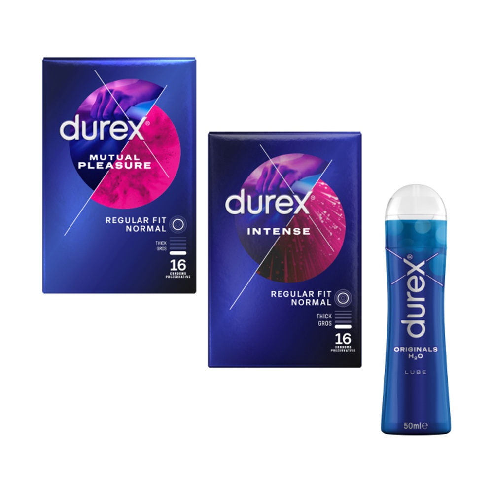 Pachet Prezervative Intense, 16 bucati + Prezervative Mutual Pleasure, 16 bucati + Lubrifiant Originals, 50 ml, Durex