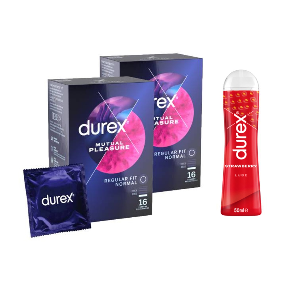 Pachet Prezervative Mutual Pleasure 2x16 bucati + Lubrifiant Strawberry 50 ml, Durex