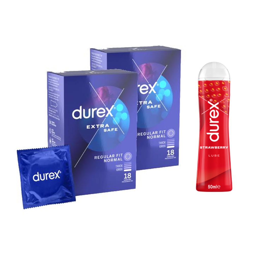 Pachet Prezervative Extra Safe 2x18 bucati + Lubrifiant Strawberry, 50 ml, Durex