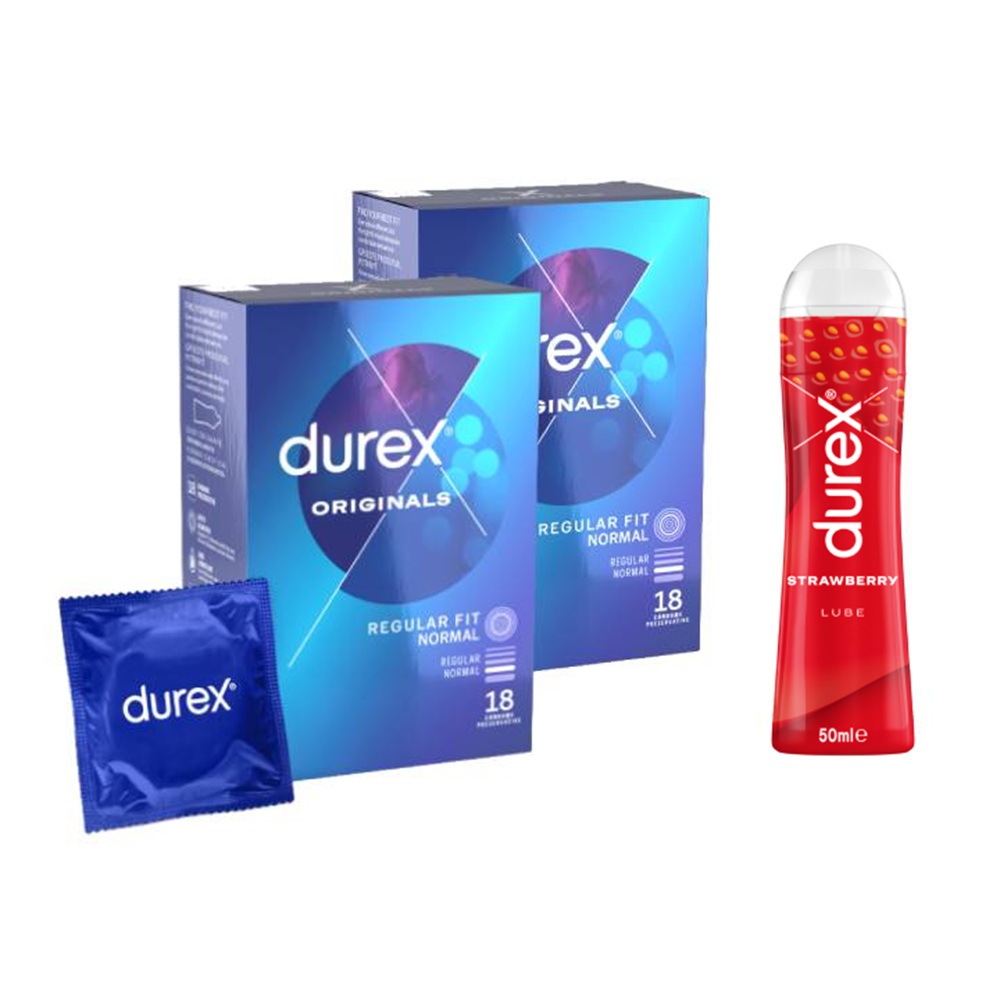 Pachet Prezervative Originals 2x18 bucati + Lubrifiant Strawberry, 50 ml, Durex