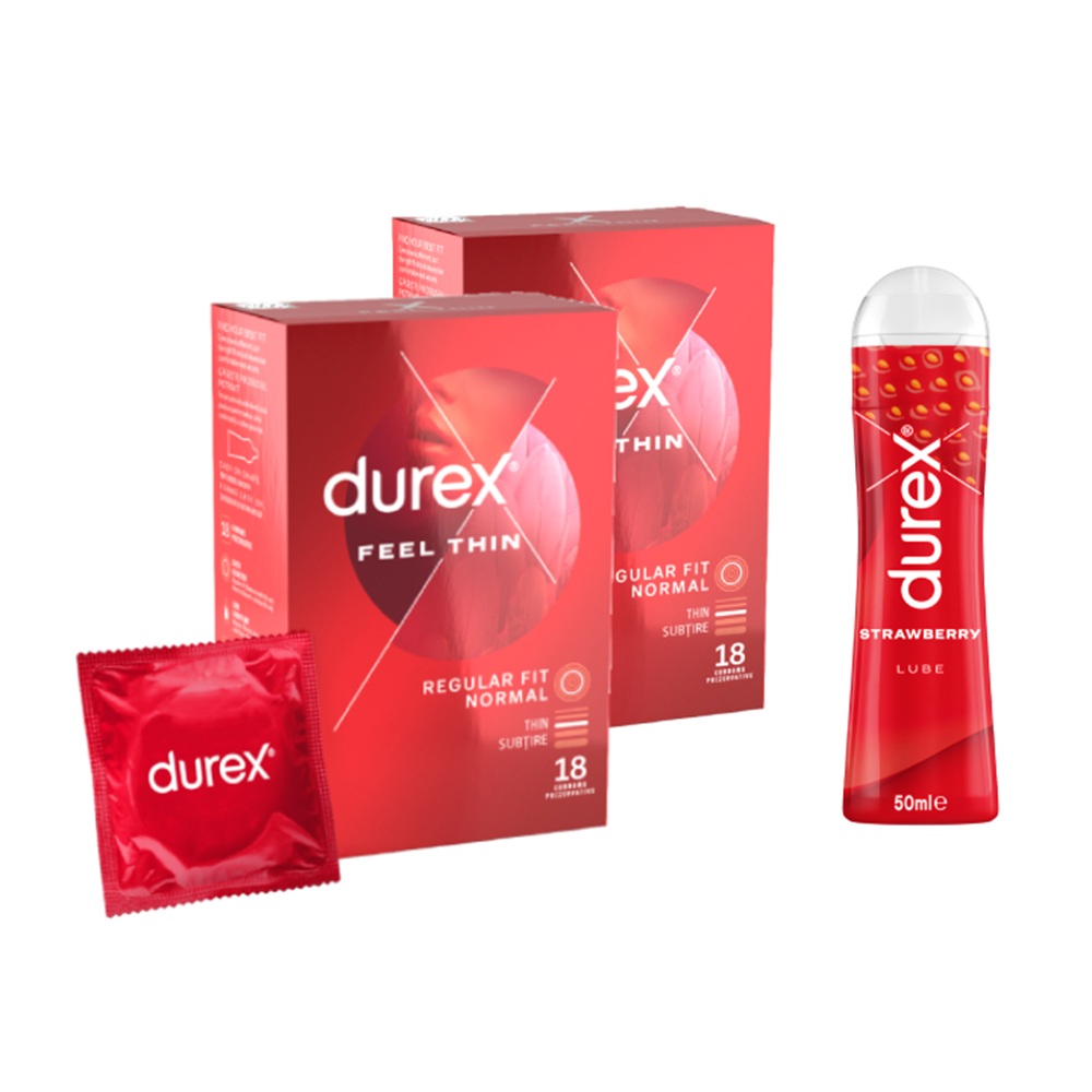 Pachet Prezervative Feel Thin 2 x18 bucati + Lubrifiant Strawberry, 50 ml, Durex