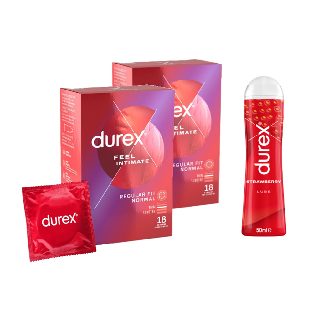 Pachet Prezervative Feel Intimate, 2x18 bucati + Lubrifiant Strawberry, 50 ml, Durex
