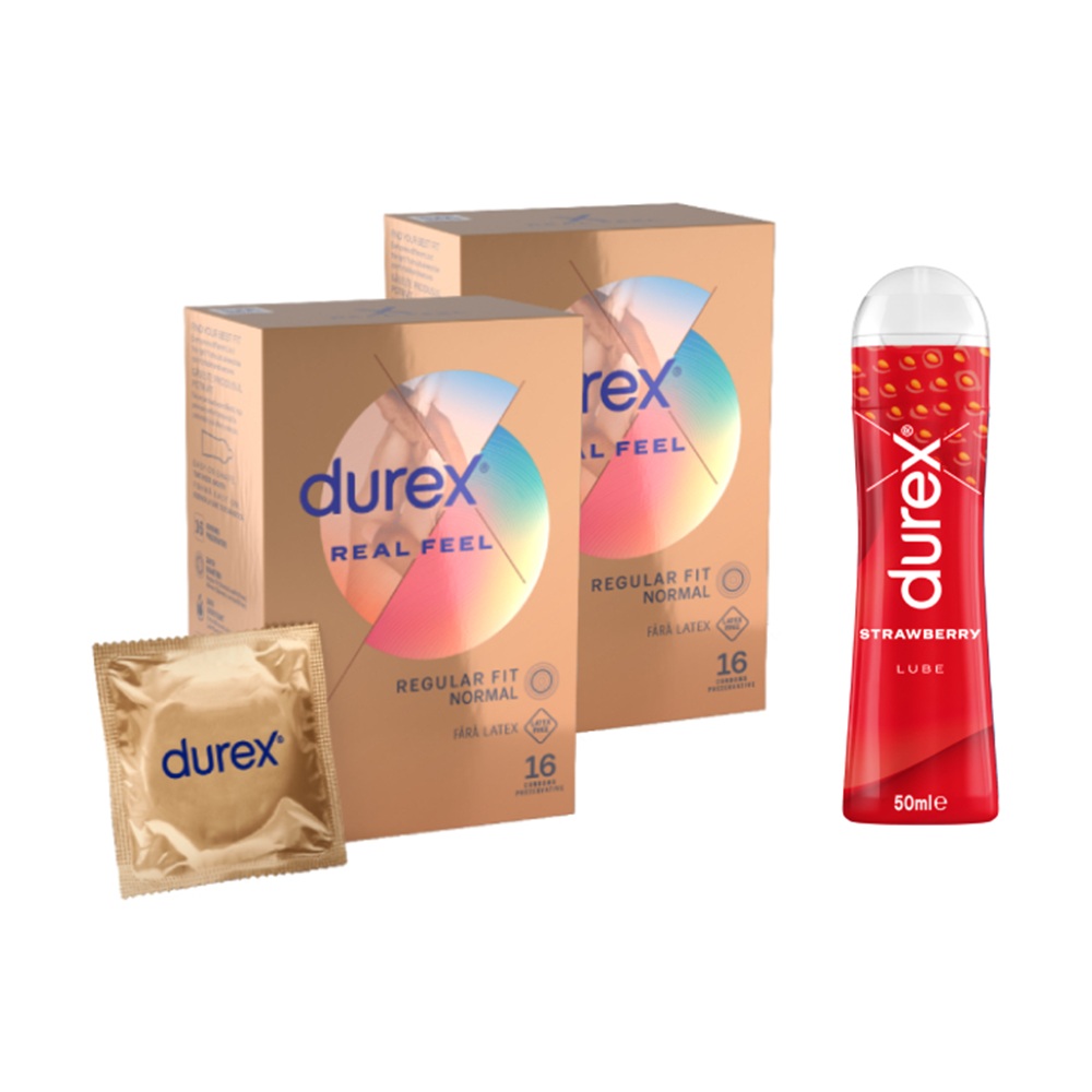 Pachet Prezervative Real Feel 2 x16 bucati + Lubrifiant Strawberry 50 ml, Durex
