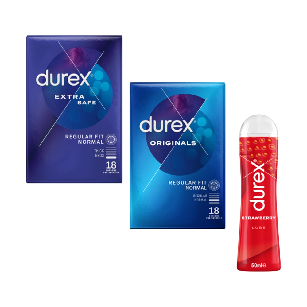 Pachet Prezervative Extra Safe, 18 bucati + Prezervative Originals, 18 bucati + Lubrifiant Strawberry, 50 ml, Durex