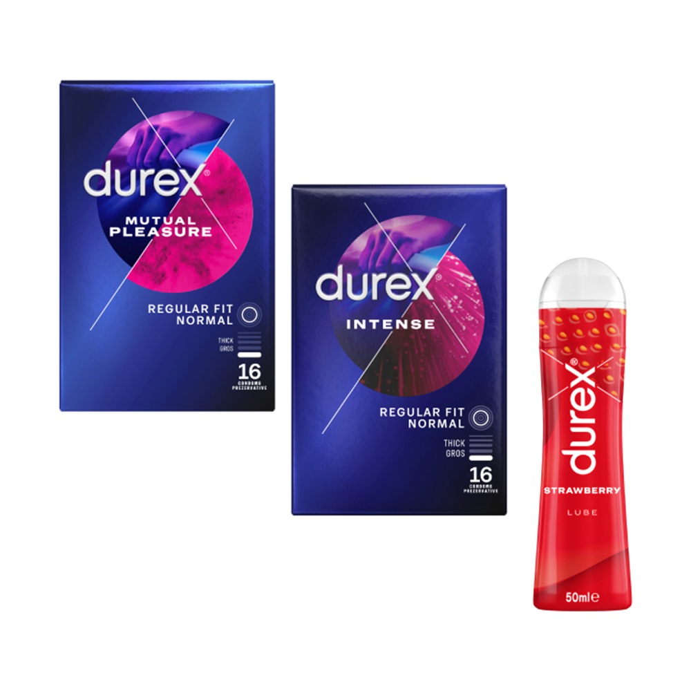 Pachet Prezervative Intense, 16 bucati + Prezervative Mutual Pleasure, 16 bucati + Lubrifiant Strawberry, 50 ml, Durex