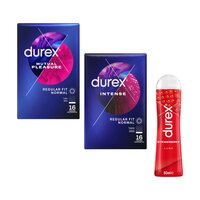 Pachet Prezervative Intense, 16 bucati + Prezervative Mutual Pleasure, 16 bucati + Lubrifiant Strawberry, 50 ml, Durex
