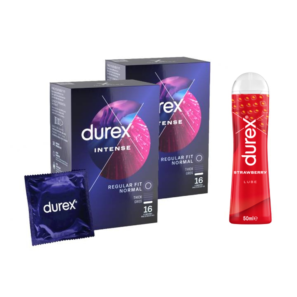 Pachet Prezervative Intense, 2x16 bucati + Lubrifiant Strawberry, 50 ml, Durex