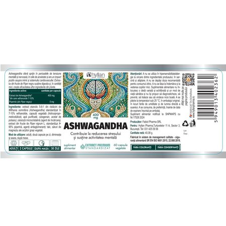 Ashwagandha, 400 mg, 60 capsule vegetale, Hyllan Pharma 702583