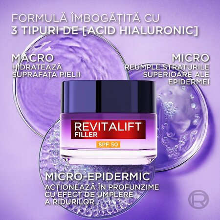 Crema antirid cu acid hialuronic si SPF 50 Revitalift Filler, 50 ml, L'Oreal Paris 663618