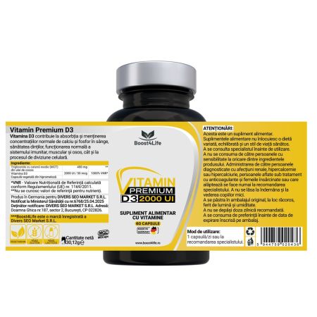 Vitamina D3 Premium, 2000 UI, 60 capsule moi, Boost4Life 663778