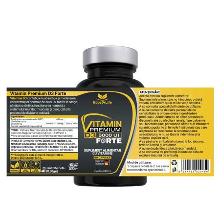 Vitamina D3 Premium Forte, 5000 UI, 60 capsule moi, Boost4Life 663783