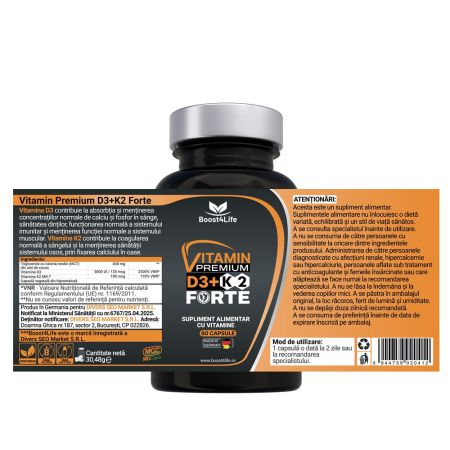 Vitamina D3+K2 Premium Forte, 5000 UI, 60 capsule moi, Boost4Life 663792