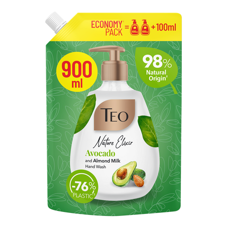 Rezerva sapun lichid cu avocado si lapte de migdale Nature Elixir, 900 ml, Teo