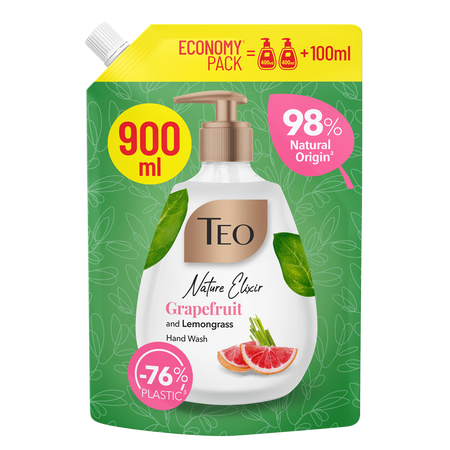 Rezerva sapun lichid cu pink grapefruit si lemongrass Nature Elixir, 900 ml, Teo
