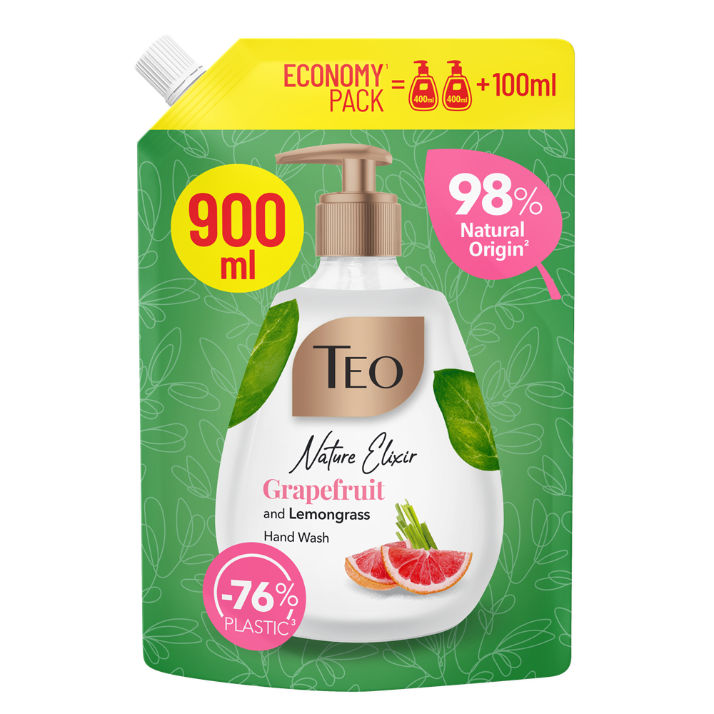 Rezerva sapun lichid cu pink grapefruit si lemongrass Nature Elixir, 900 ml, Teo