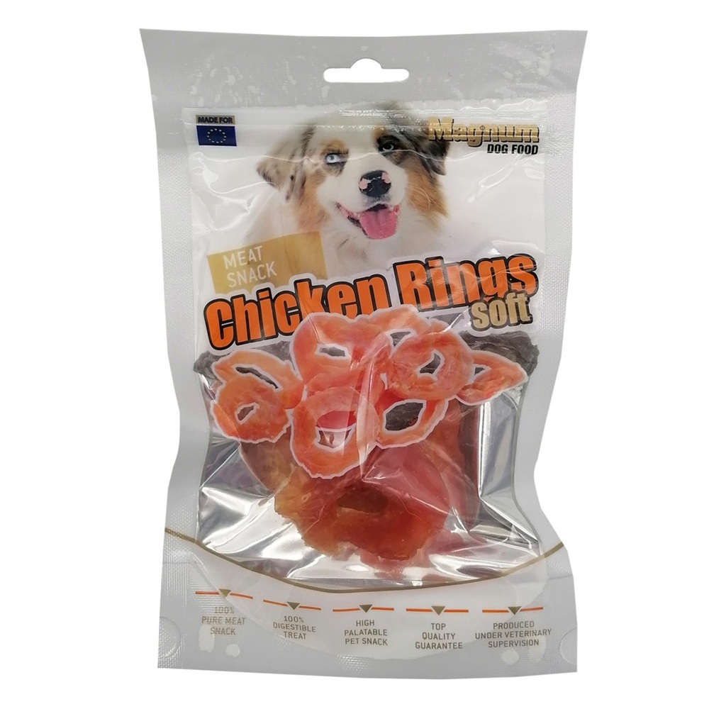 Snack pentru caini cu aroma de pui Chicken Rings Soft, 80 g, Magnum