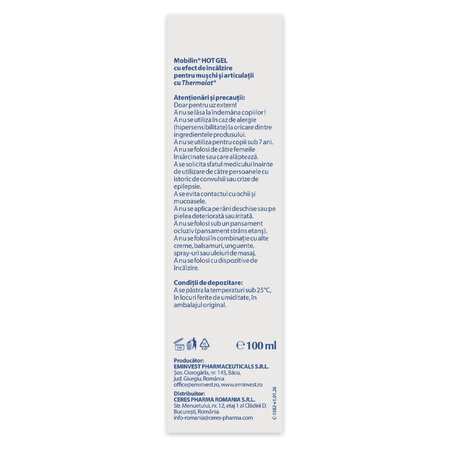 Gel termic pentru muschi si articulatii Mobilin Hot Gel, 100 ml, Viva Pharma 708634