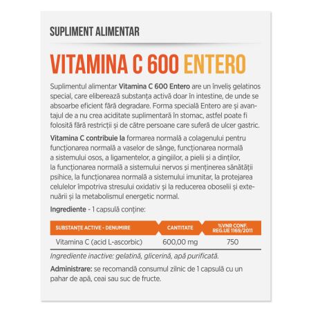 Vitamina C Entero, 600 mg, 30 capsule, Parapharm 690489