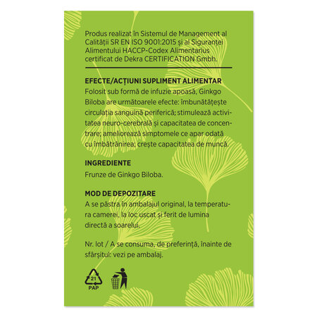 Ceai Ginkgo Biloba frunze, 75 g, Parapharm 690116