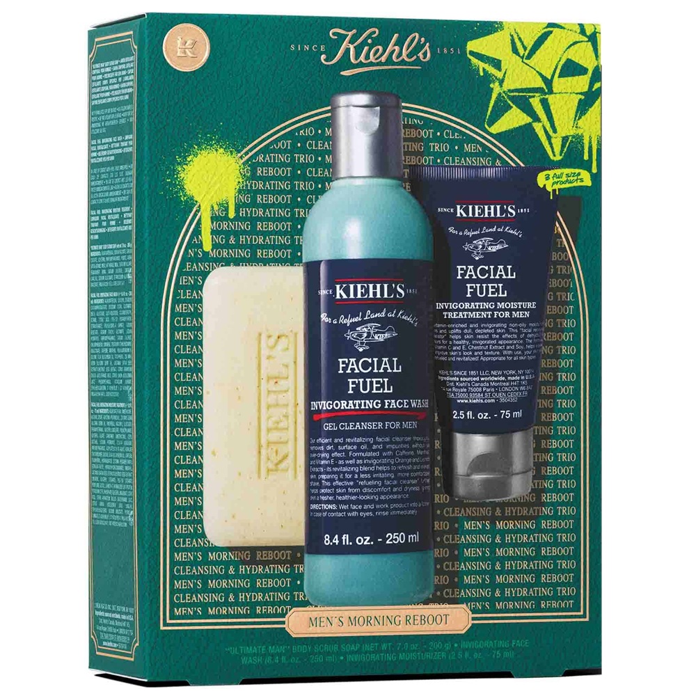 Set Gel de curatare Facial Fuel 250 ml + Crema hidratanta Fuel Moisturizer 75 ml + Sapun pentru corp Ultimate Man Body Scrub 90 g Men's morning reboot, Kiehl's