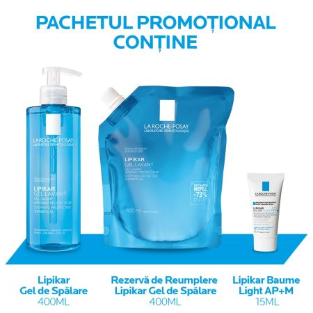 Pachet Gel de dus calmant Lipikar, 400 ml + Rezerva, 400 ml + Balsam Lipikar Baume Light AP+M, 15 ml, La Roche-Posay 666229
