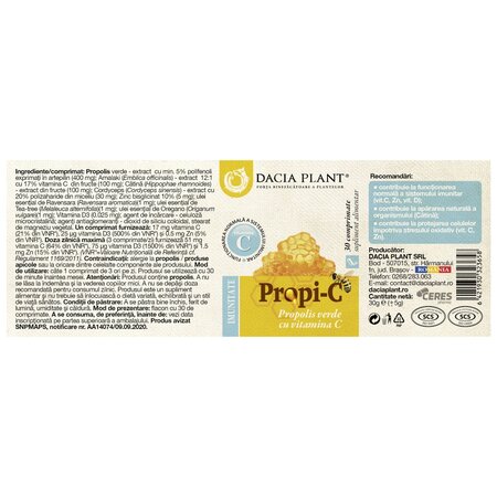 Propolis verde cu vitamina C Propi-C, 30 comprimate, Dacia Plant 741693