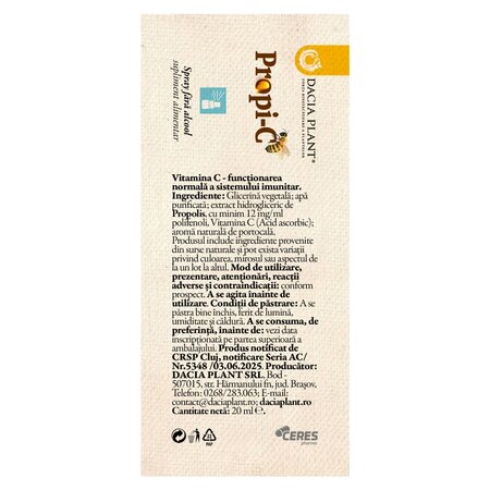 Spray cu extract de propolis si vitamina C Propi-C, 20 ml, Dacia Plant 742298