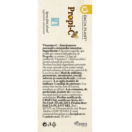 Extract de Propolis cu Vitamina C spray fara alcool Propi-C, 20 ml, Dacia Plant 666556