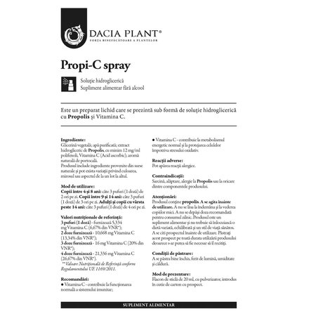 Spray cu extract de propolis si vitamina C Propi-C, 20 ml, Dacia Plant 742299
