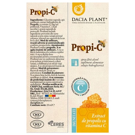 Spray cu extract de propolis si vitamina C Propi-C, 20 ml, Dacia Plant 742297