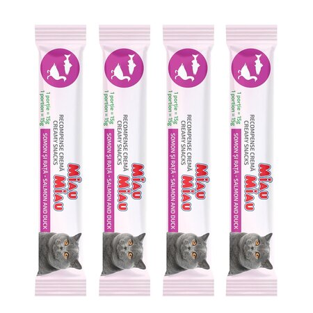 Recompense cu somon si rata pentru pisici Creamy Snacks, 4x15 g, Miau Miau 666959