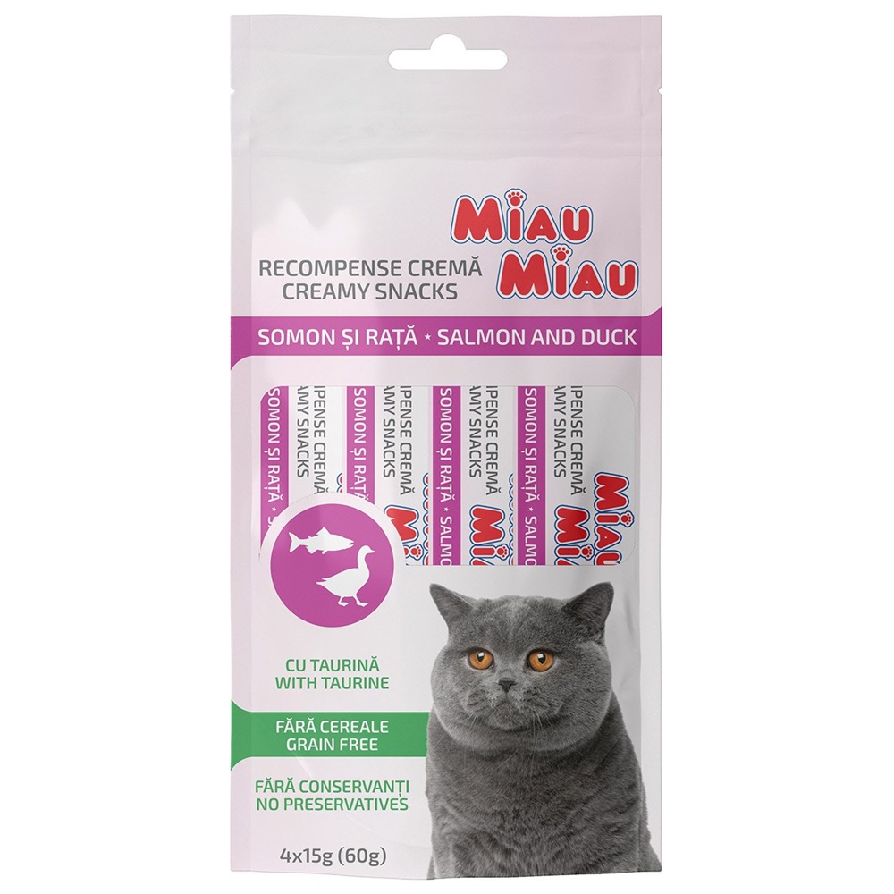 Recompense cu somon si rata pentru pisici Creamy Snacks, 4x15 g, Miau Miau