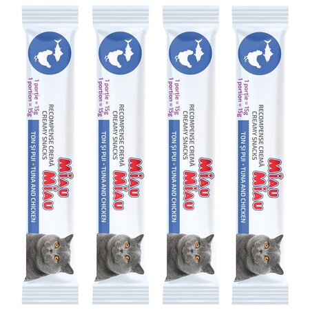 Recompense cu ton si pui pentru pisici Creamy Snacks, 4x15 g, Miau Miau 666961