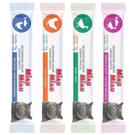 Recompense cu somon, rata, ton si pui pentru pisici Creamy Snacks, 4x15 g, Miau Miau 666963