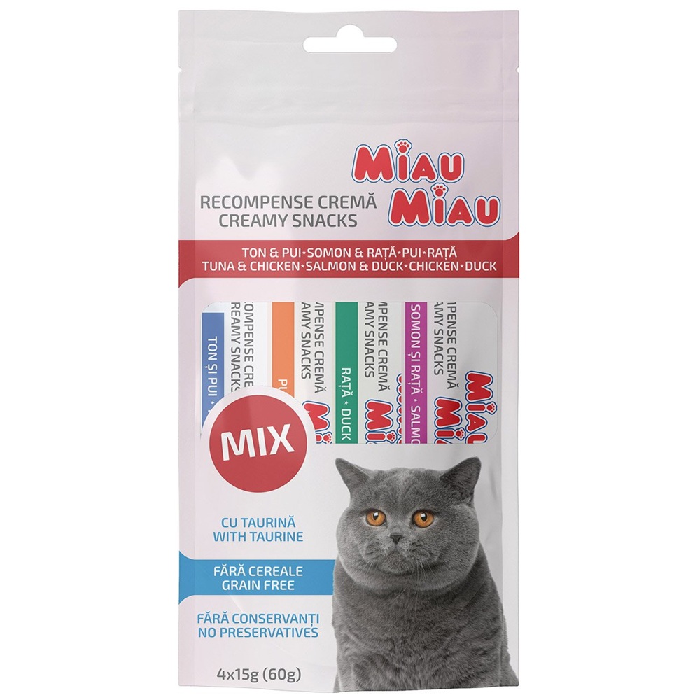 Recompense cu somon, rata, ton si pui pentru pisici Creamy Snacks, 4x15 g, Miau Miau