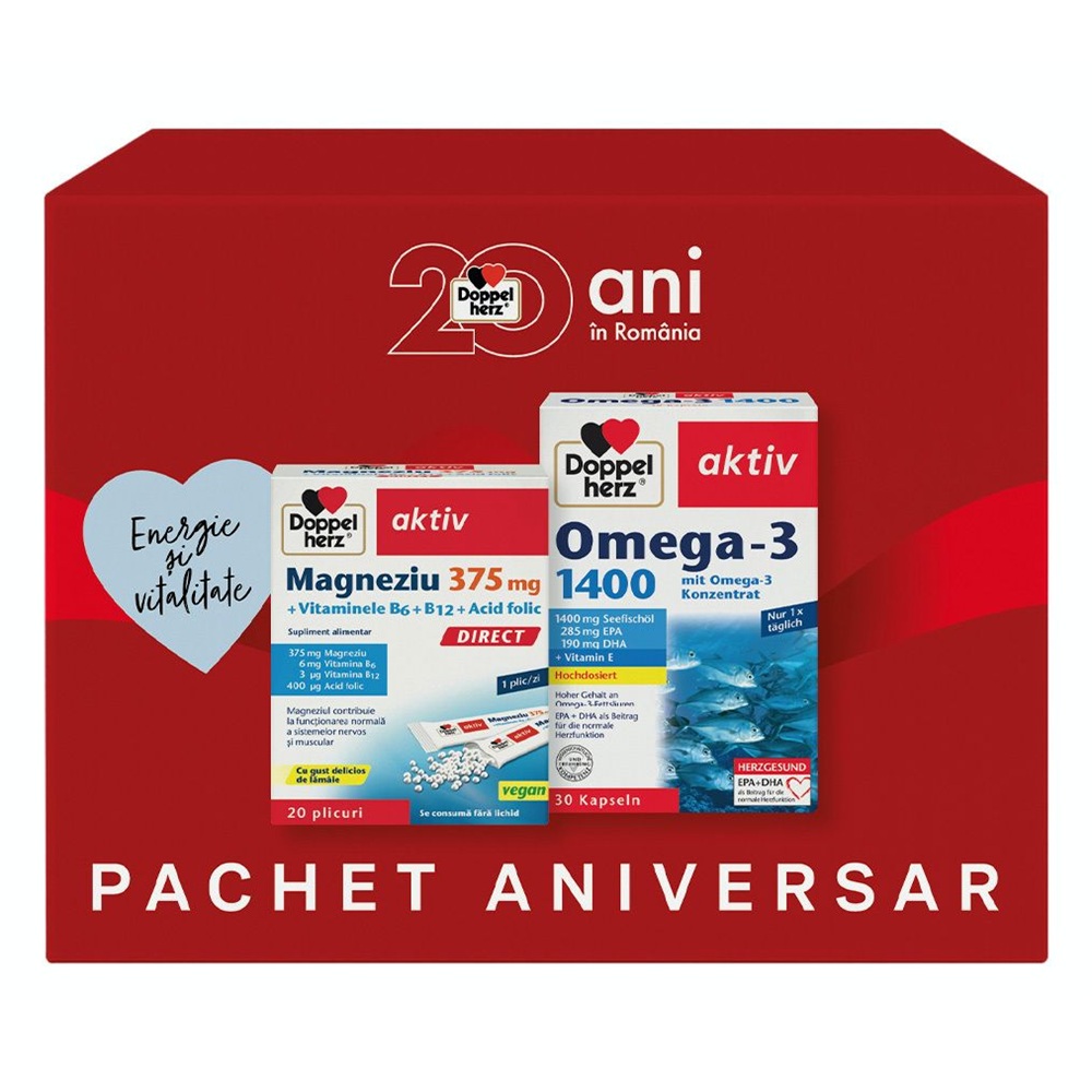 Pachet Magneziu 375 mg + Omega-3 1400 mg, 20 plicuri + 30 comprimate, Doppelherz