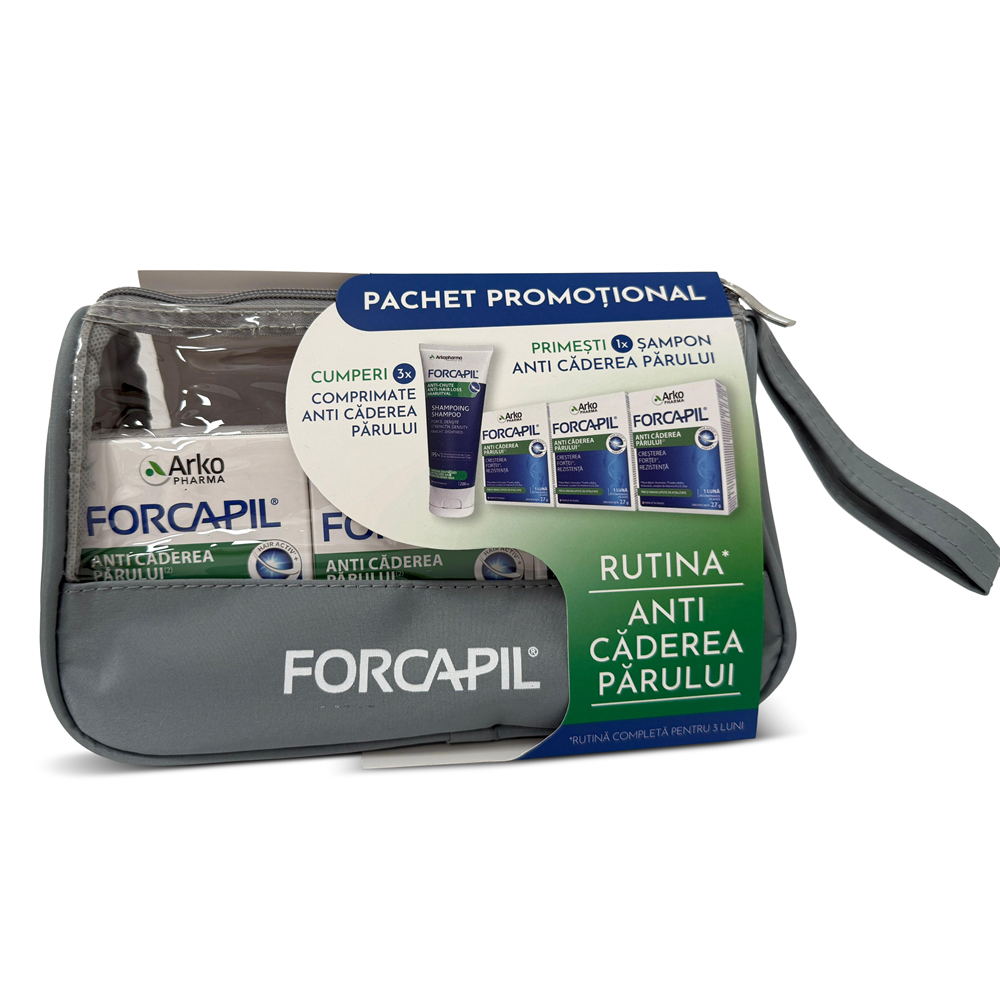 Pachet Forcapil anti-caderea parului 3x30 comprimate + Sampon impotriva caderii parului Forcapil 200 ml, Arkopharma