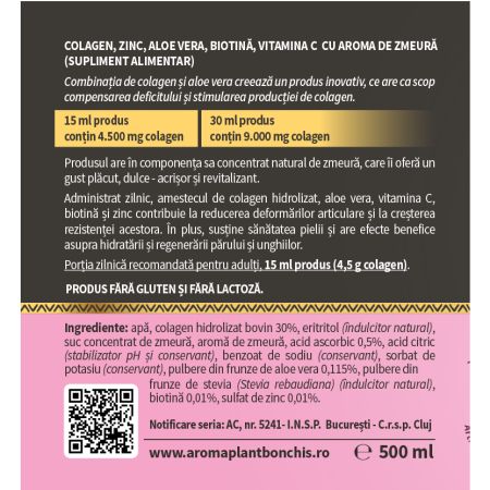 Colagen cu zinc, aloe vera, biotina si vitamina C, 500 ml, Aroma Plant 714466