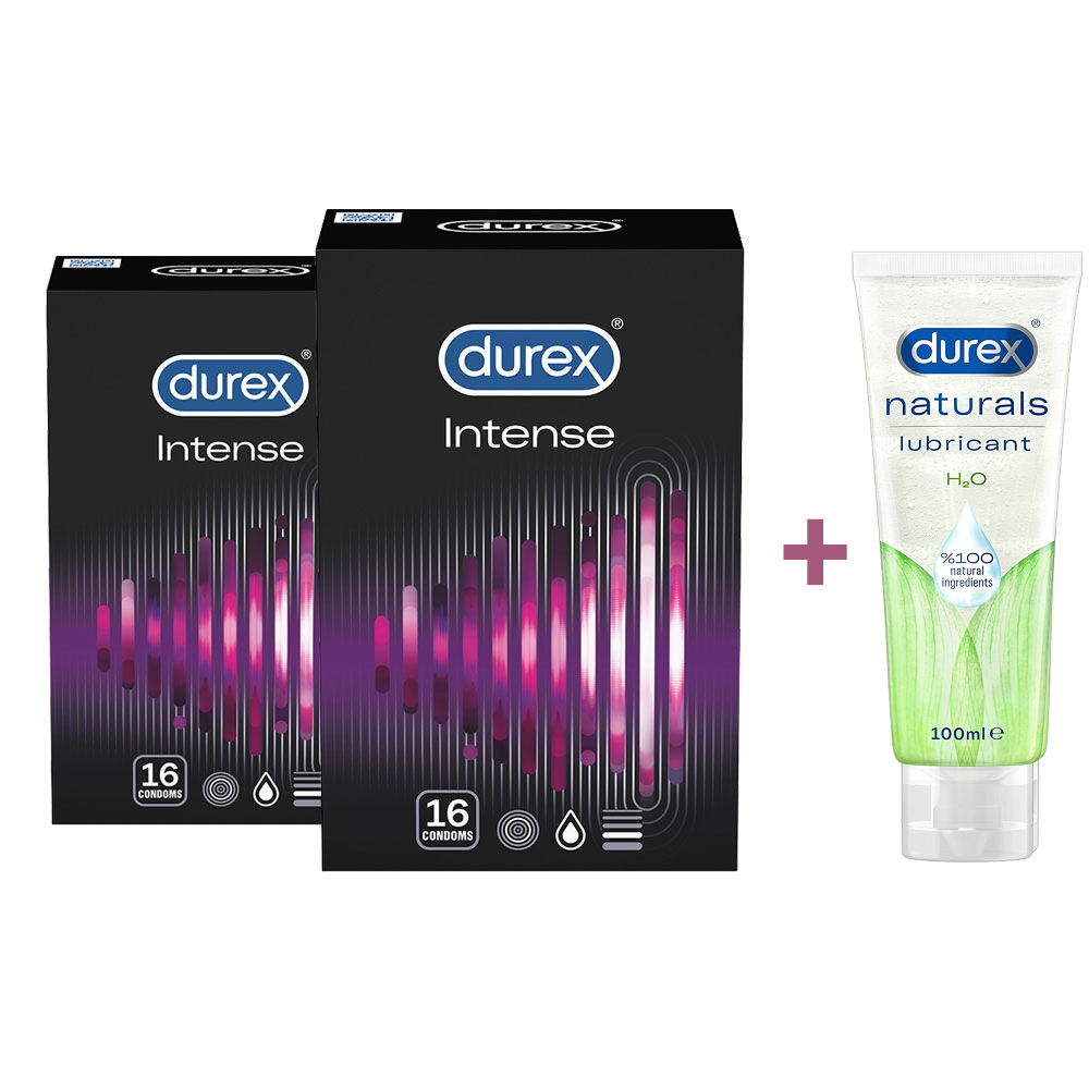 Pachet Prezervative Intense, 16 + 16 bucati + Lubrifiant Naturals H2O, 100 ml, Durex